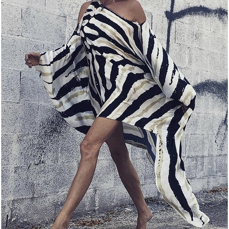 Summer Print Beach Dress Women Off Shoulder Cover-Ups Fashion Long Pareos Oversized Boho Dress Loose Swimsuit Cover-Ups Robe - Deanwangkt