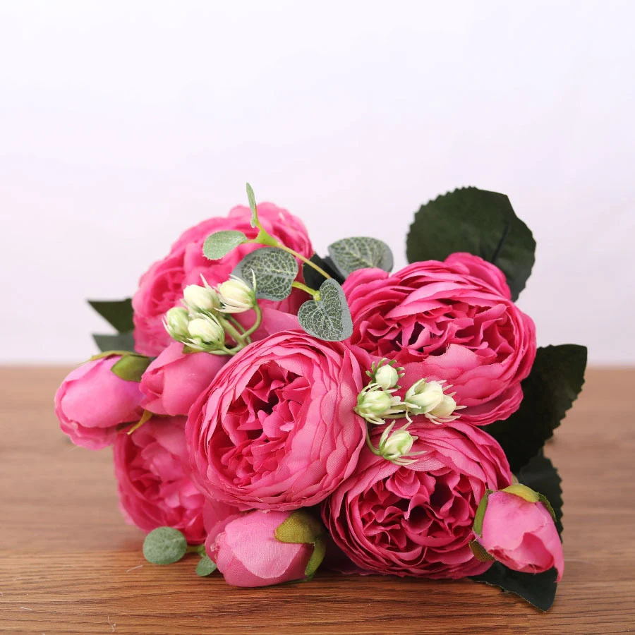HULIANFU 2026  30cm Rose Pink Silk Bouquet Peony Artificial Flowers 5 Big Heads 4 Small Bud Bride Wedding Home Decoration Fake Flowers Faux - Deanwangkt