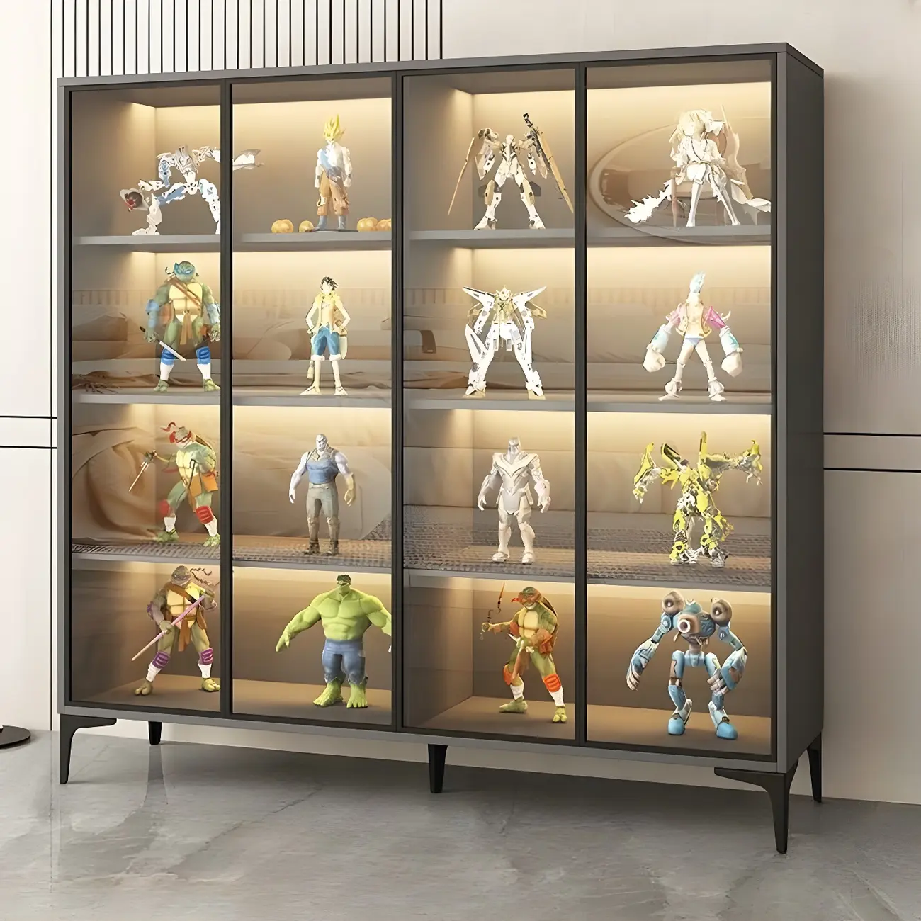 Freestanding Black Tempered Glass Wood Display Cabinet