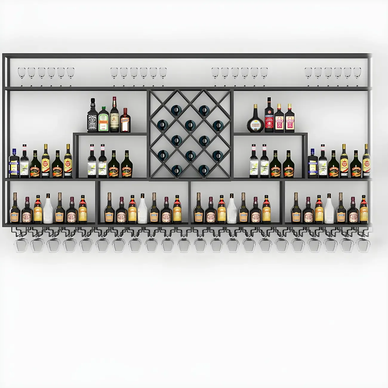 Rectangular Black Metal Wall-Mounted Wine Bottle Rack