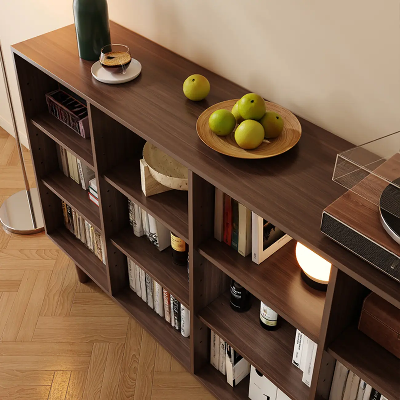 Wide 7-Shelf Modern Wooden Nut-Brown Open Bookcase