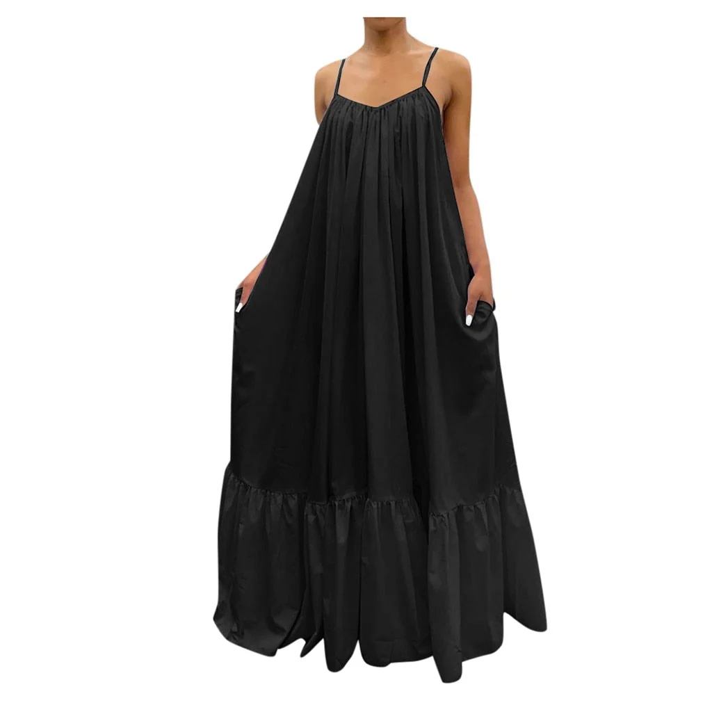 hulianfu Women Camisole Oversized Fashion Casual Solid Maxi Dresses Strap Dress Pocket Loose Backless Big Swing Solid Floor-length Robe - Deanwangkt