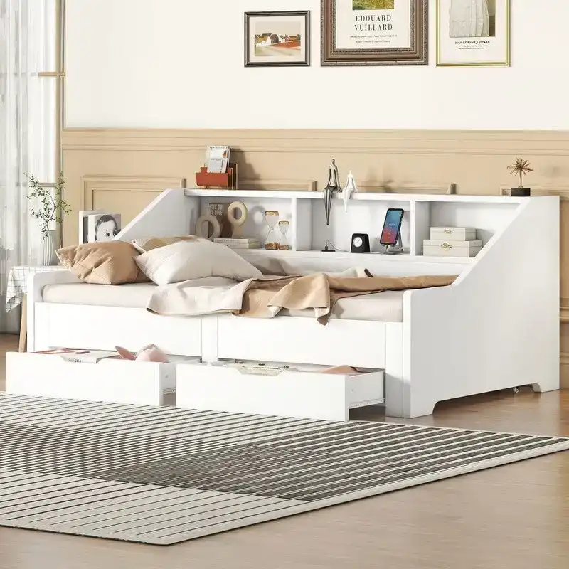 Twin to King Size Daybed Frame with Storage Bookcases and Two Drawers,Charging Design