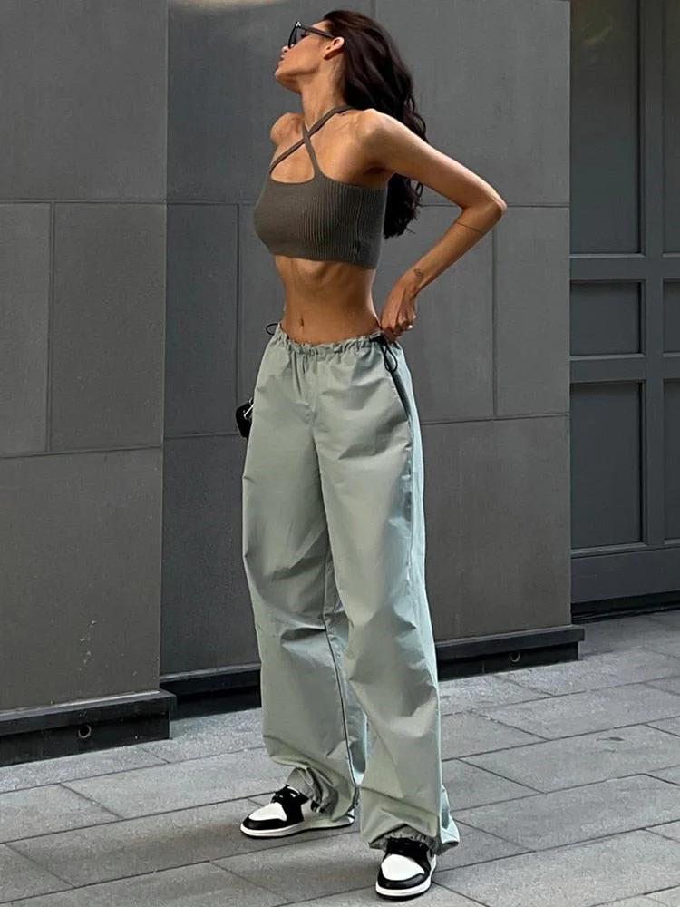 Hulianfu Fashion High Street Cargo Pants Women Casual Sweatpants Solid Loose Trousers Drawstring Waist Wide Leg Pants Y2K Party - Deanwangkt