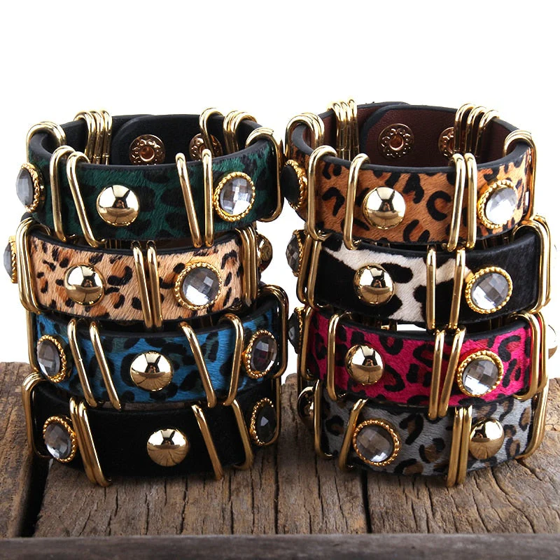 HULIANFU RH Fashion Boho Leather Armbander Goldcolor Metal Rectangle Real Leopard Horsetail Leather Bracelets For Women Gift DropShip - Deanwangkt