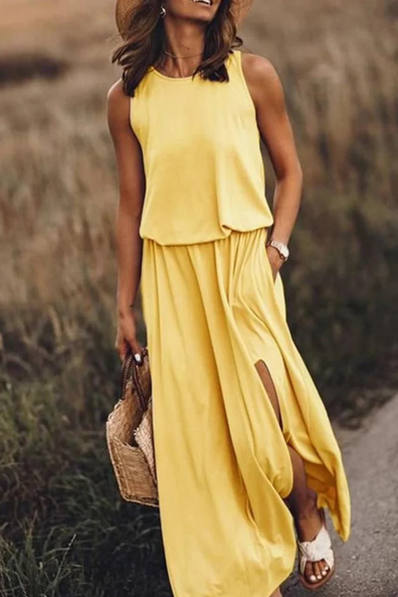 hulianfu Fashion Casual Solid Patchwork Slit O Neck Waist Skirt Dresses(8 Colors) - Deanwangkt