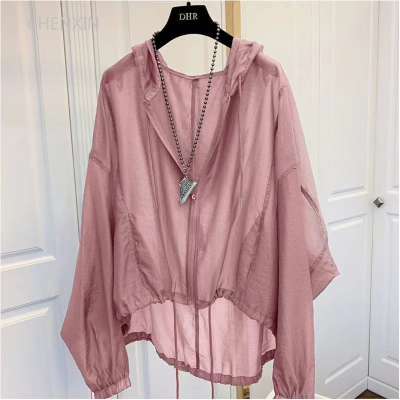 Hulianfu Women Jackets Hooded Summer Sun-proof Zipper Coats Thin Loose See Through Outerwear Breathable Outwear Lightweight Clothes Black - Deanwangkt