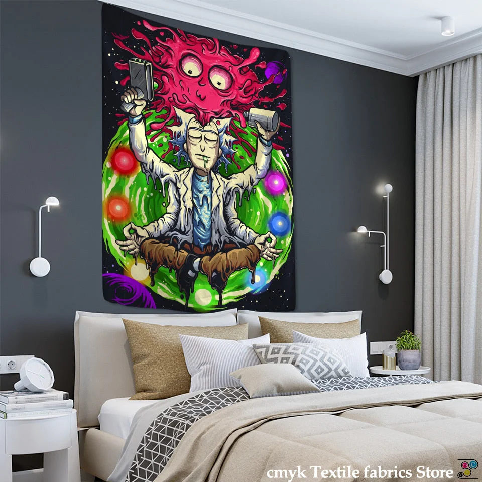 HULIANFU Psychedelic Meditator Tapestry Wall Hanging Cartoon Witchcraft Bohemian Style Mandala Kawaii Room Home Decor - Deanwangkt