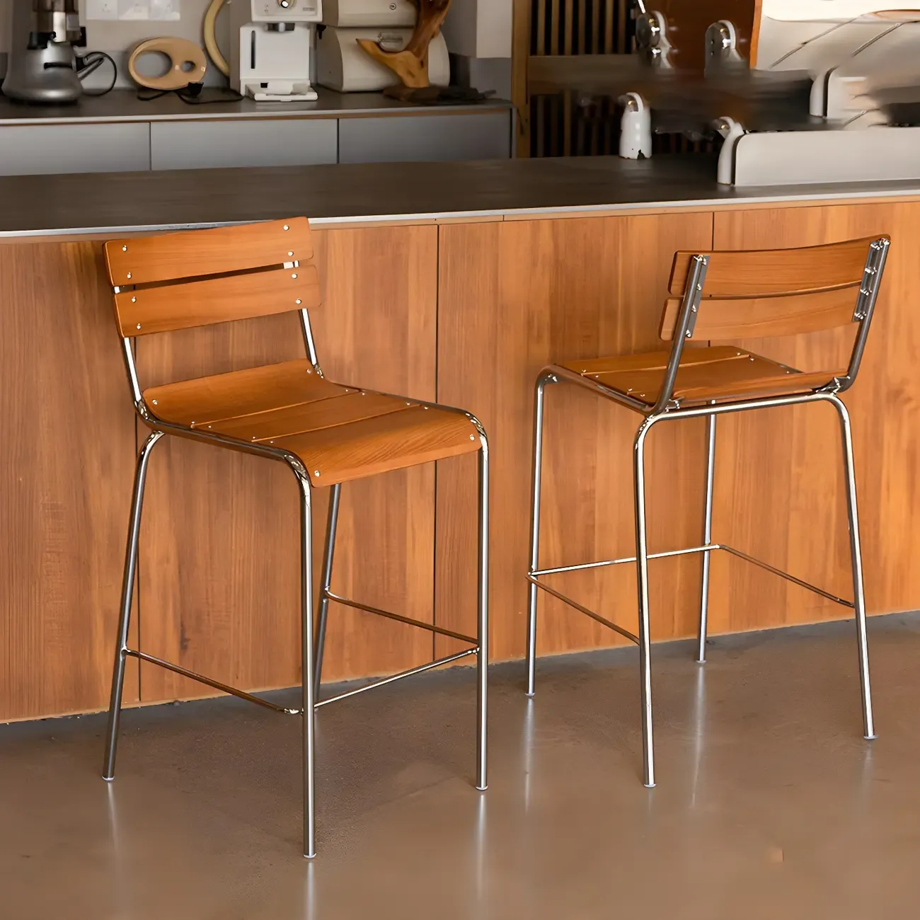 Durable Steel Frame Comfortable Brown Wood Back Bar Stool