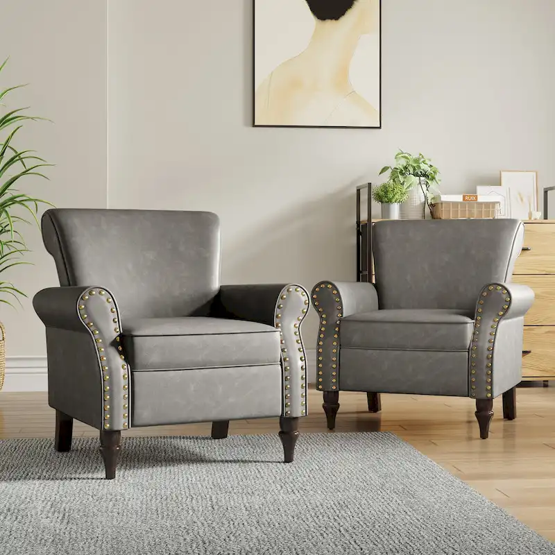2 Set Nailheads Accent Chair Faux Leather Armchair