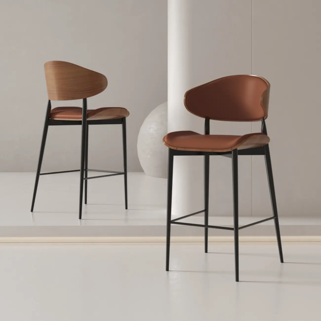 Modern Black Metal Leather Counter Height Bar Stools