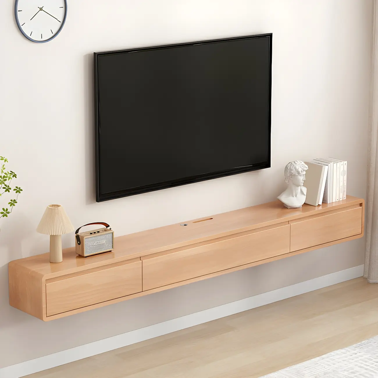 White Floating Mount Wood Drawers Cabinet TV Stand