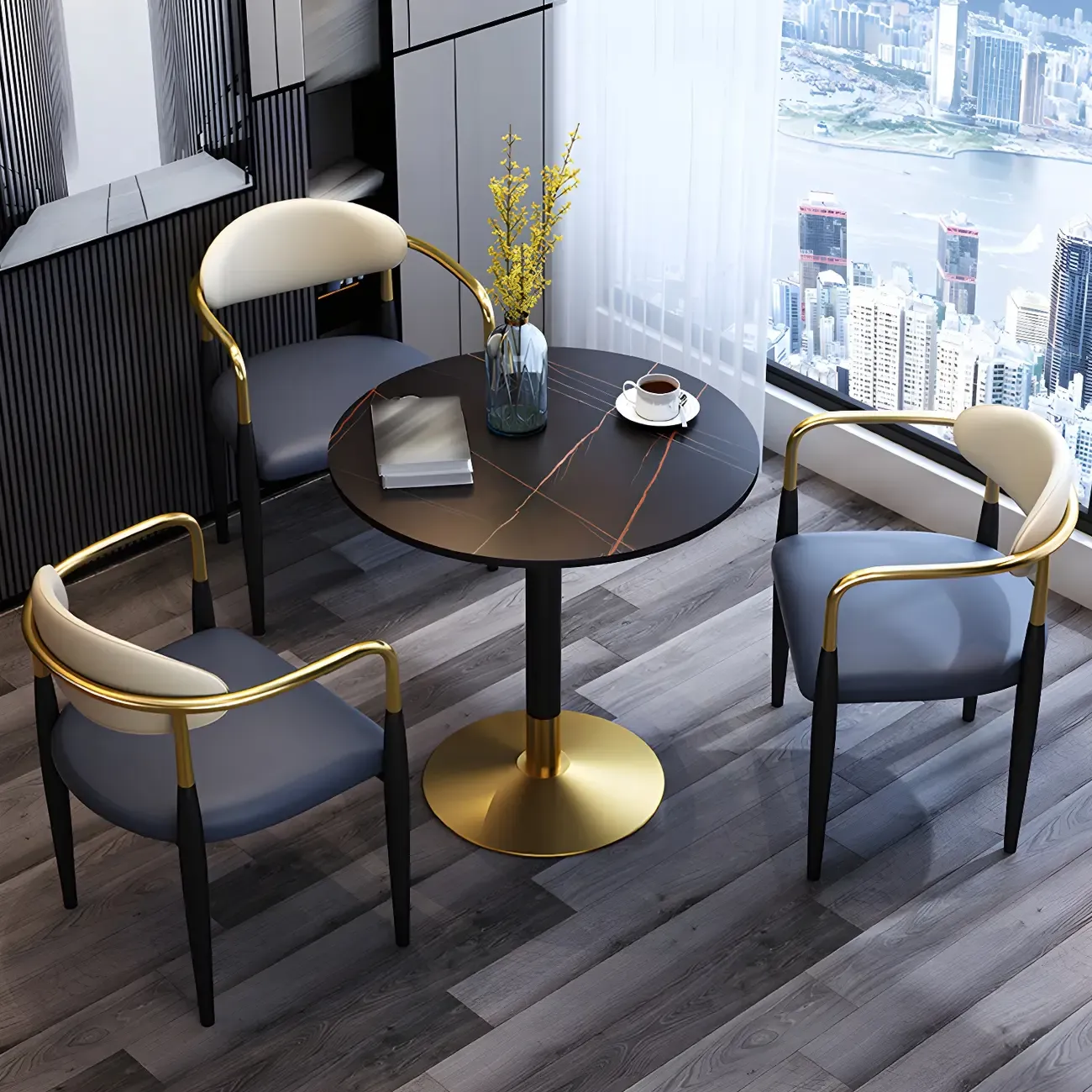 Curved Metal Legs Faux Leather Armrest Dining Chair