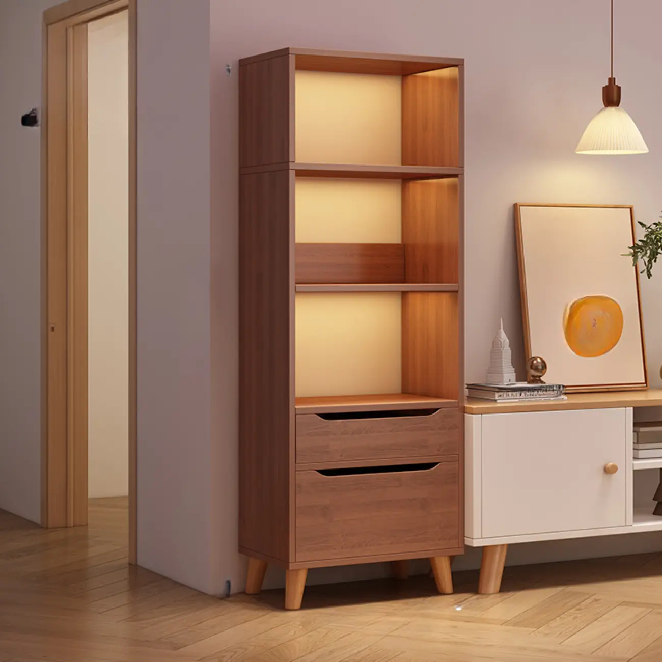 Tall Gray 4-Tier Open Back Wood Bookshelf with Drawer