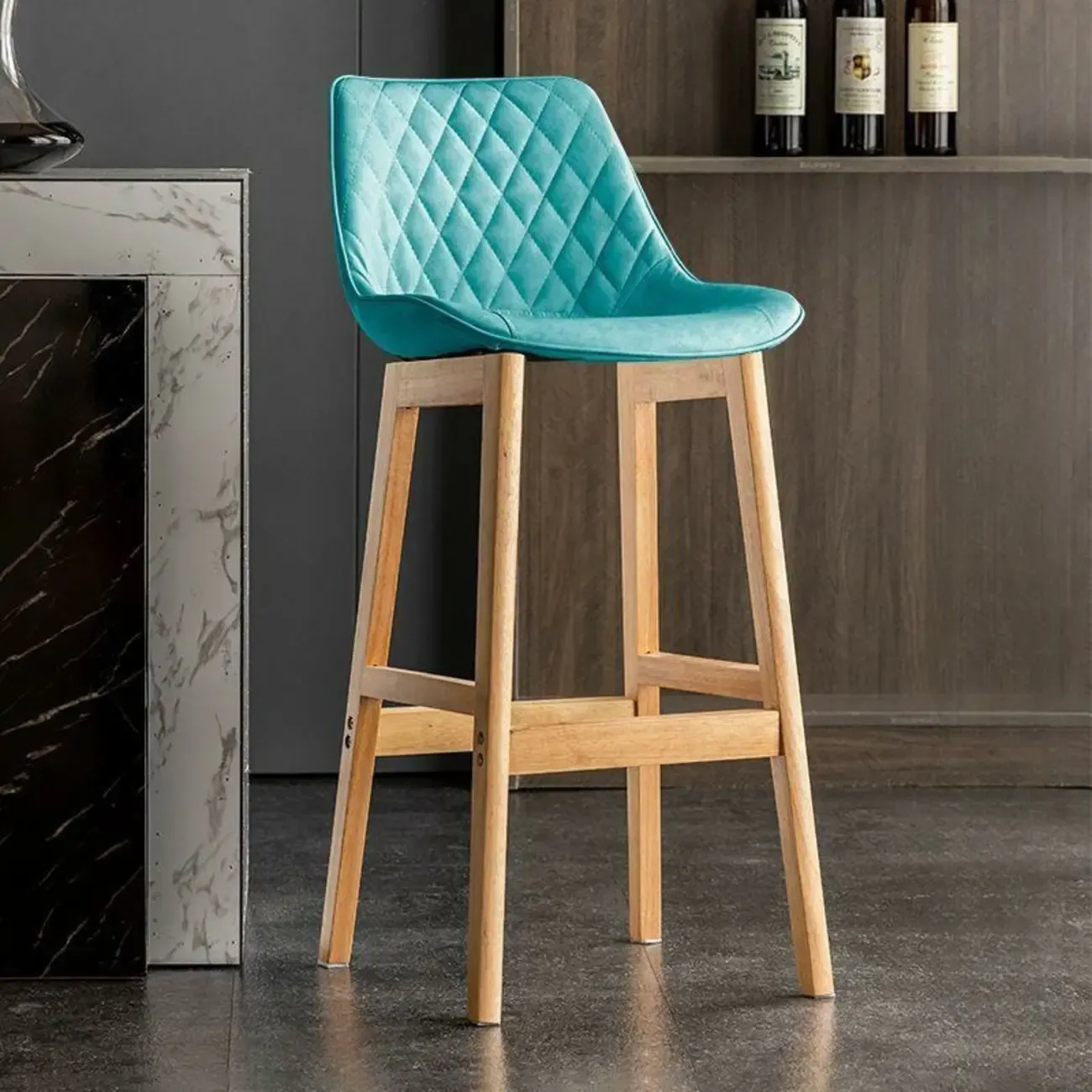 Modern Wood Tufted Upholstered Leather Bar Stool