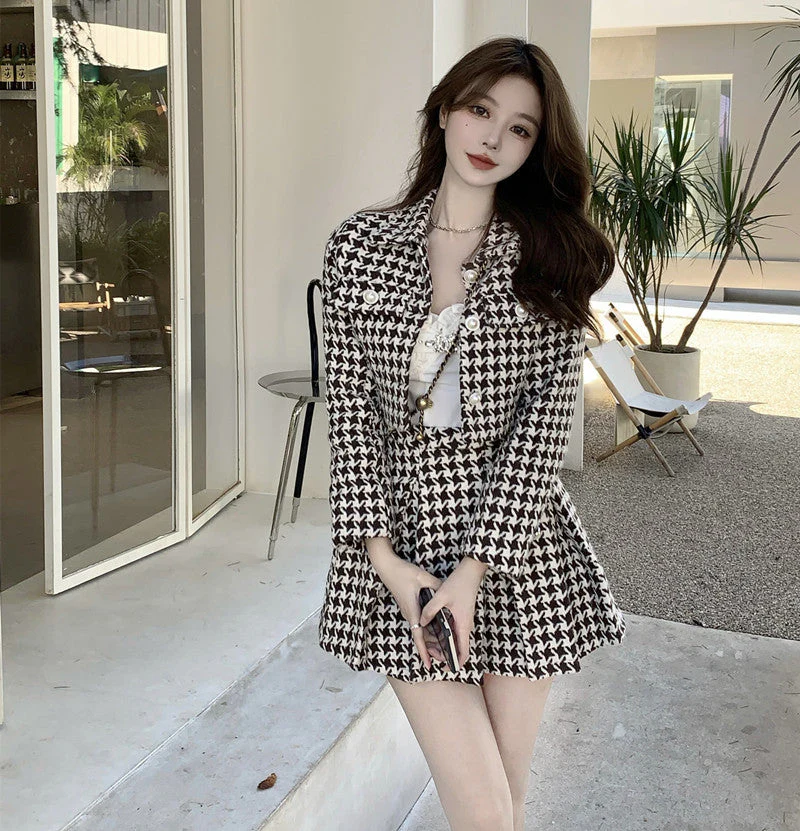 Women New Spring 2 Piece Matching Suits Long Sleeve Plaid Short Jacket&High Waist Pleated Mini Skirt Vintage 2pc Dress Sets - Deanwangkt