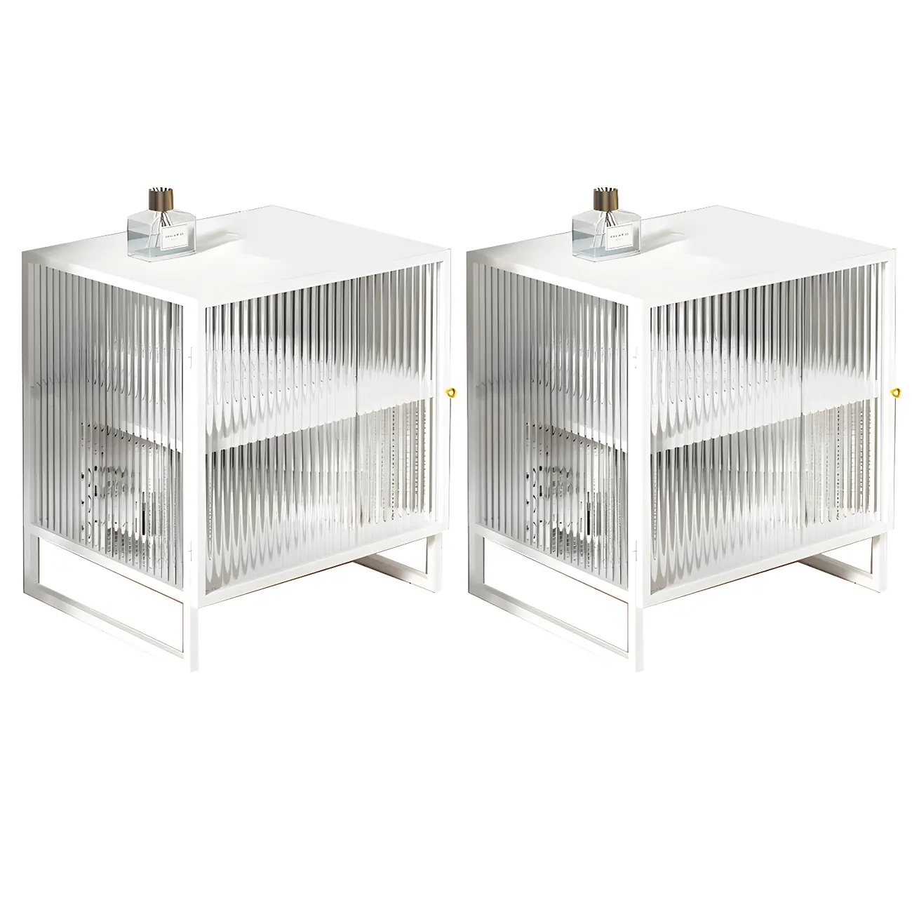 Black 2-Tier Ribbed Glass Metal Bedroom Nightstand