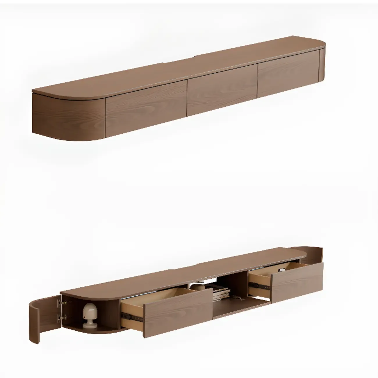 Nut-Brown Modern Wooden Wall-Mounted TV Stand with Light