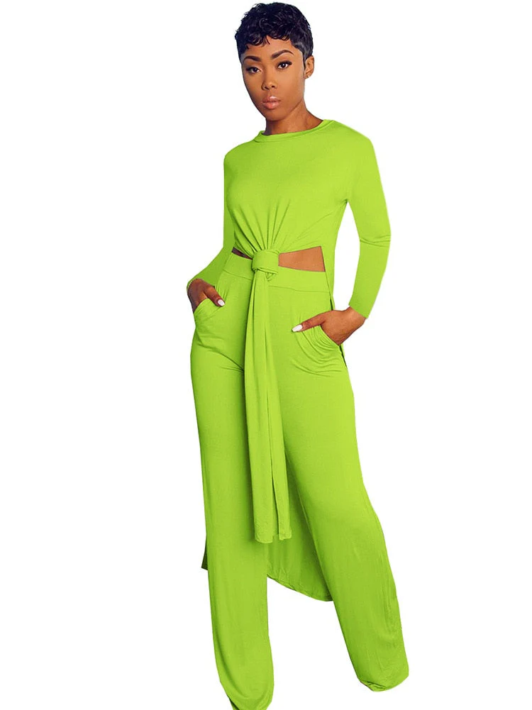New Arrival Fashion Design two pieces  Sexy Women Set Solid O-neck Long Top  And  Long Pants  Summer  Outfits - Deanwangkt
