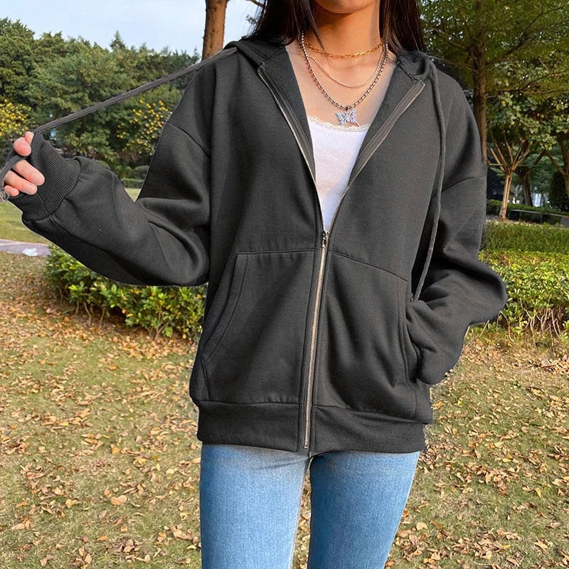 BiggOrange Brown Zip Hooded Sweatshirt Winter Jacket Top Oversized Hoodie Retro Pocket Woman Clothes Long Sleeve Pullover - Deanwangkt
