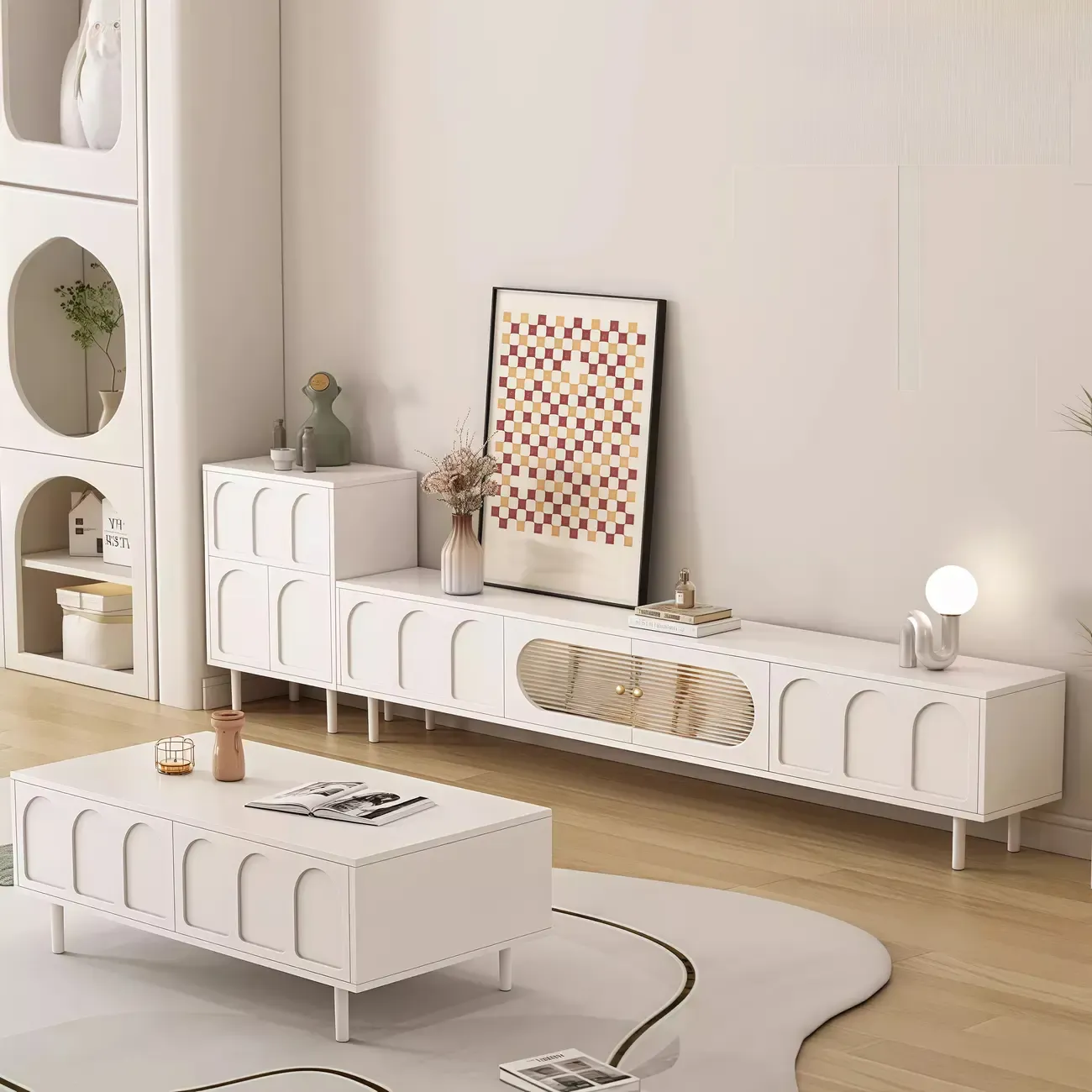 Modern White Lumber Rectangle TV Stand with Storage