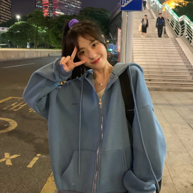 Women Korean Version Loose Hoodies Long Sleeve Zip Up Solid Pocket Oversized Sweatshirts Female Thin Harajuku Hooded Coat Top - Deanwangkt