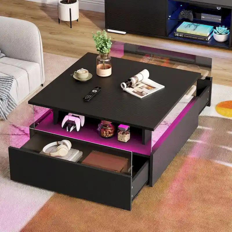 Moasis Modern Square Coffee Table with Drawers & LED Light, Acrylic and Wood Center Table