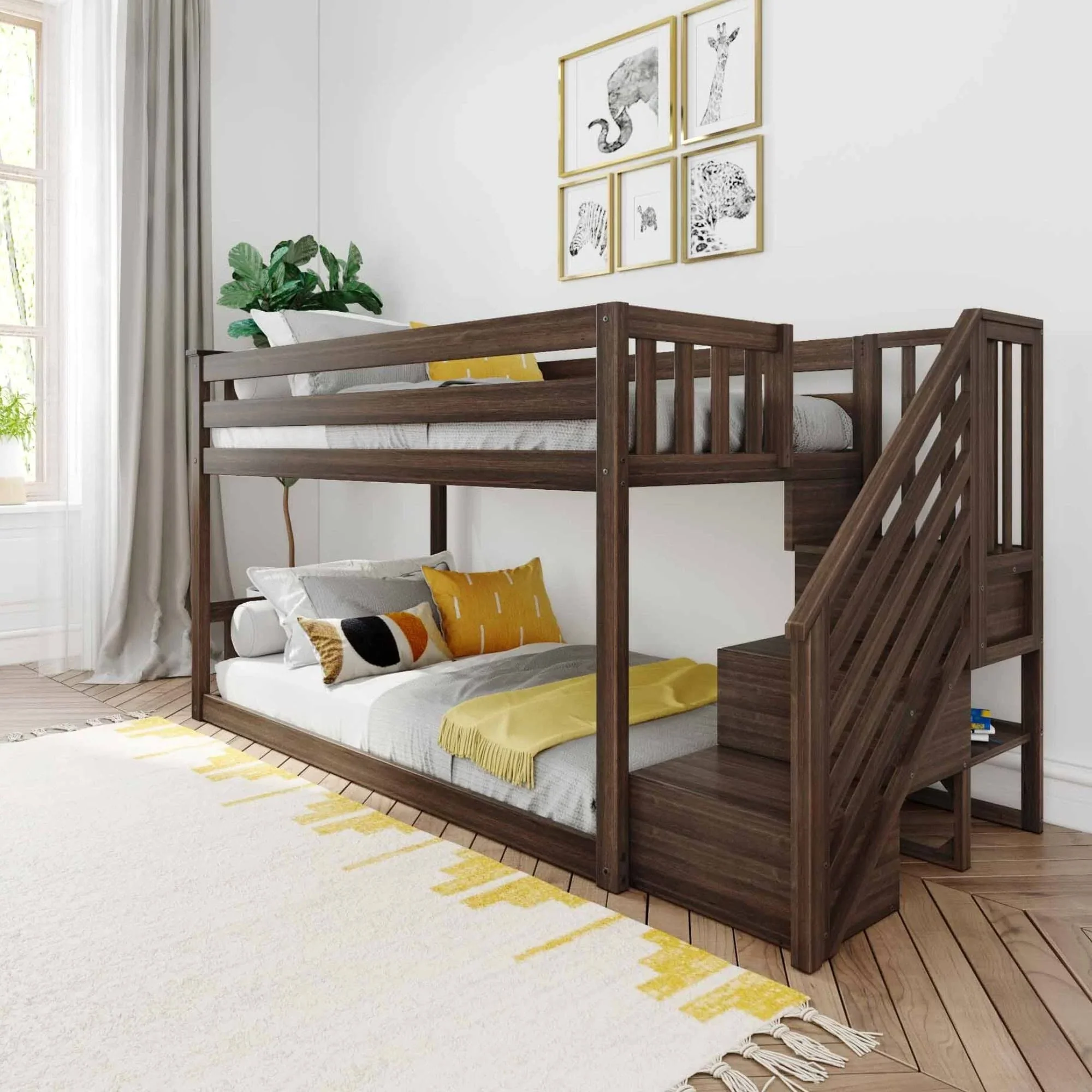 Max and Lily Twin Over Twin Low Bunk Bed with Staircase - Pecan
