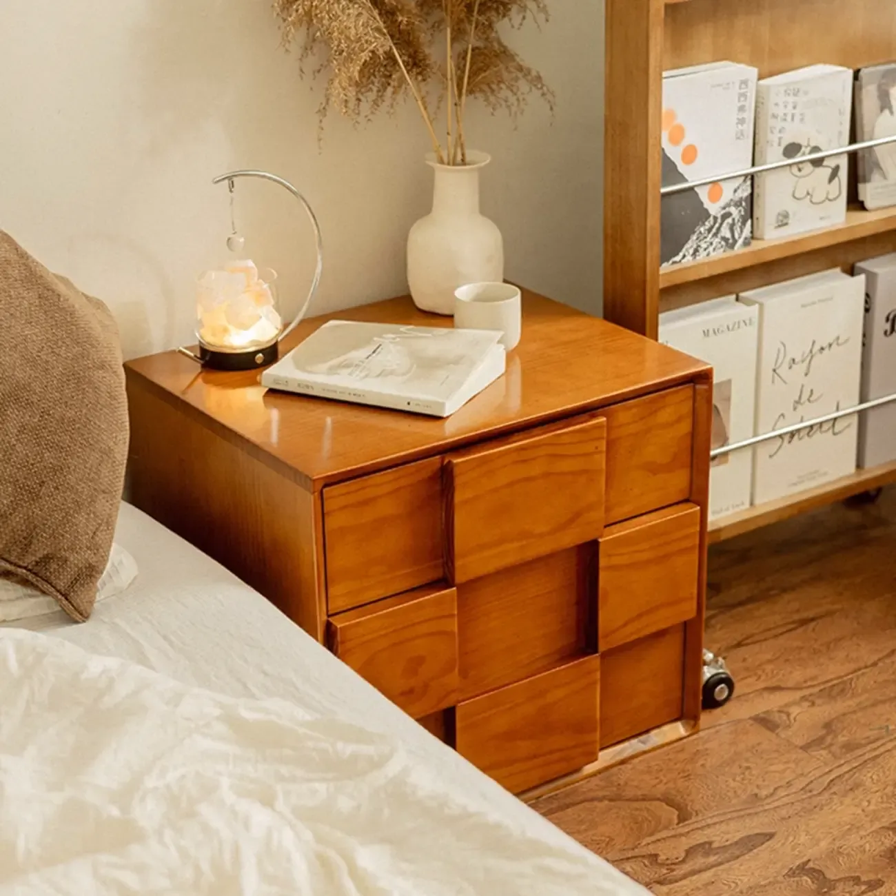 Mid-Century Modern Wood Nightstand with 2 Drawers