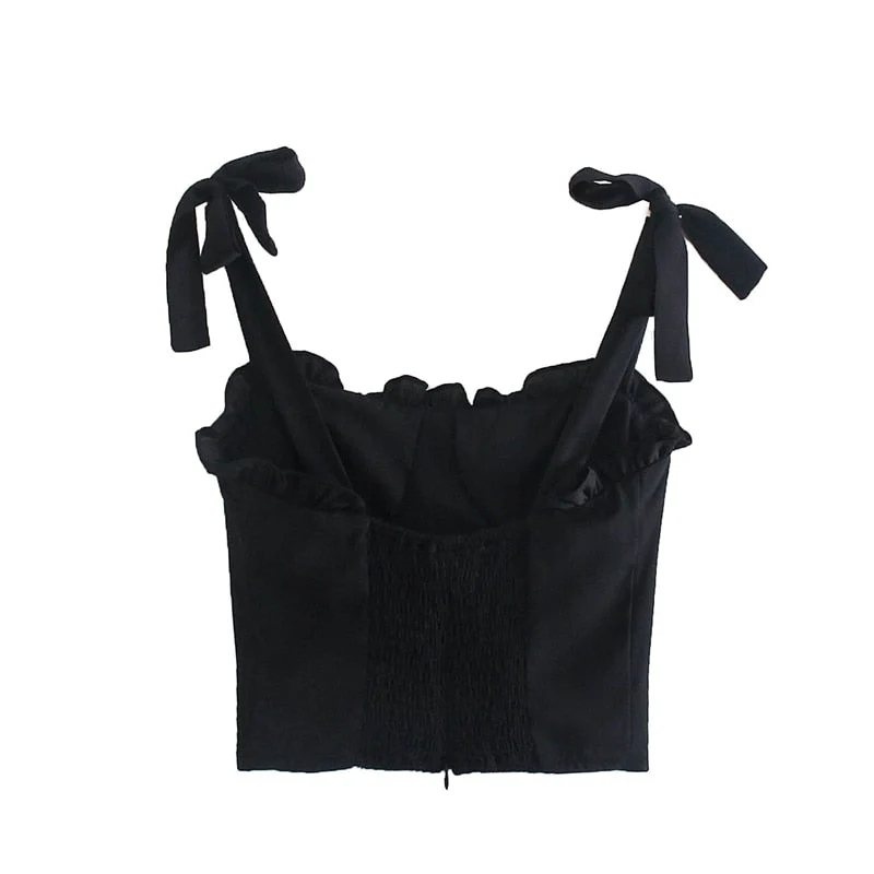 Hulianfu Lace-up Slim-Fitting Edible Tree Fungus Folds Summer New Women Black Elastic Sling Ruffle Camisole Crop Top Zipper - Deanwangkt