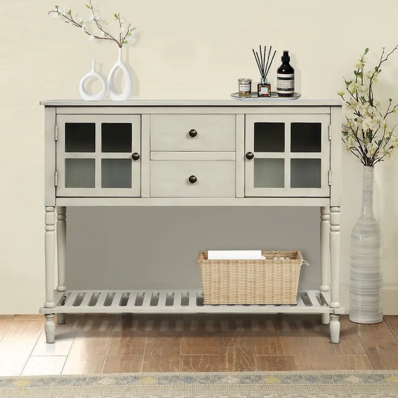 Vintage French Wooden Console Table with Two Glass Cabinet Doors