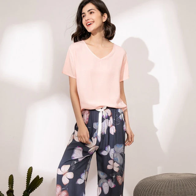 Breathable 2PCS Pajama Short Sleeve Printed Pijama Mujer Femme Loose Nightwear Suit Female Casual Homewear Pajama Set For Women - Deanwangkt