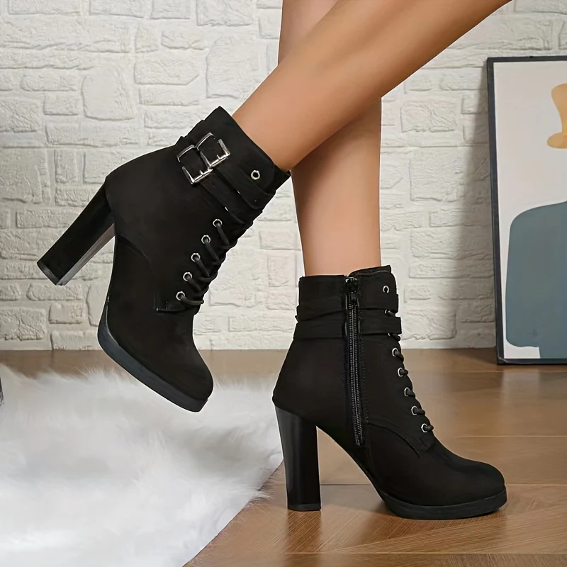Stylish Women's Block Heel Pumps - Trendy Lace-Up, Side Zipper, Buckle Strap Details, Comfortable Walking Shoes for Formal Occasions - Deanwangkt