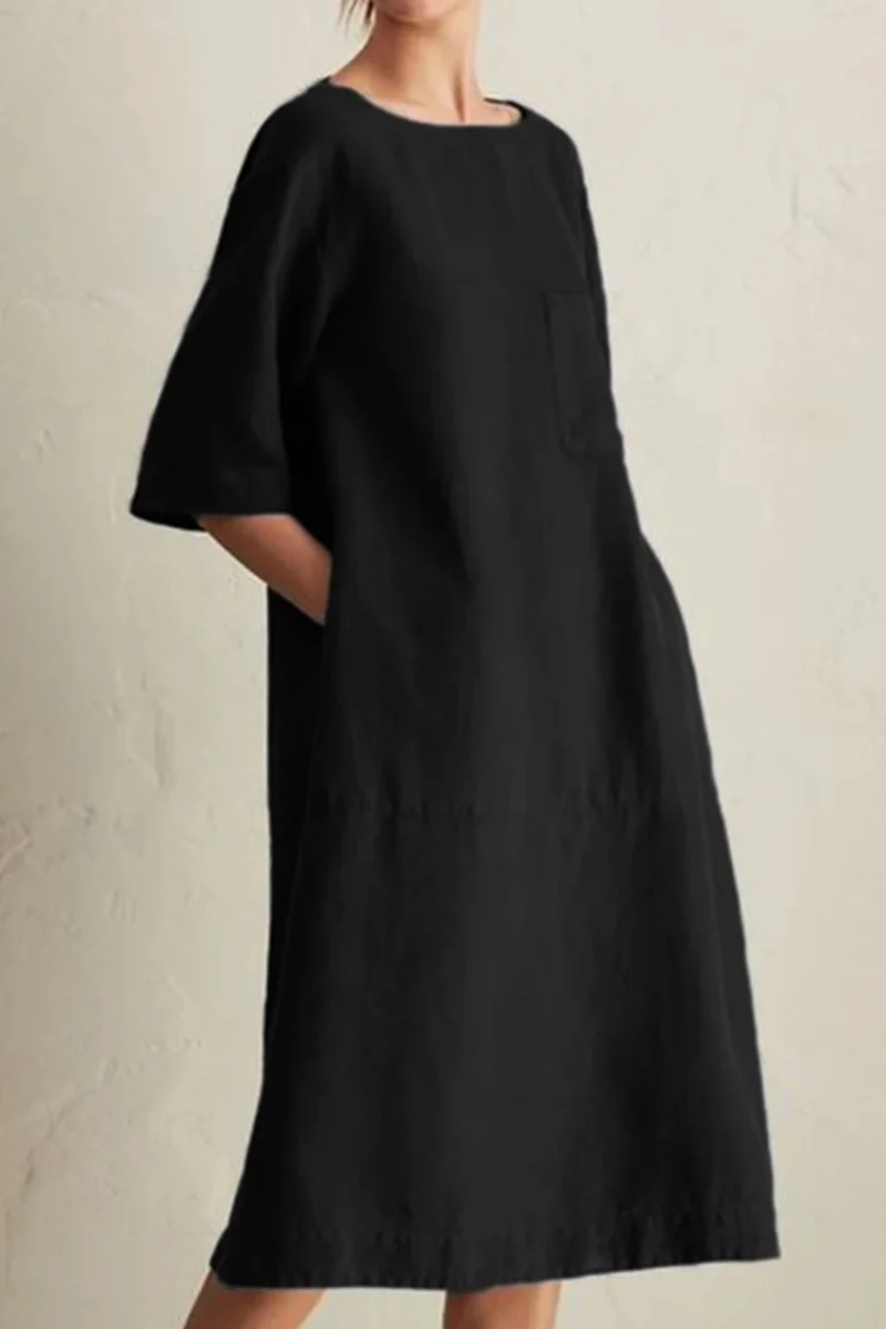 hulianfu - Casual Solid Patchwork Pocket O Neck A Line Dresses(6 Colors) - Deanwangkt