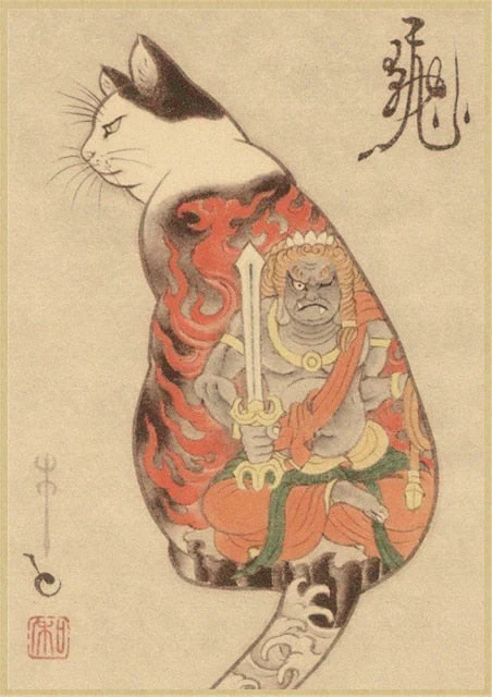 HULIANFU Japanese samurai cat tattoo cat vintage poster wall art sticker painting living room decoration bedroom print picture - Deanwangkt
