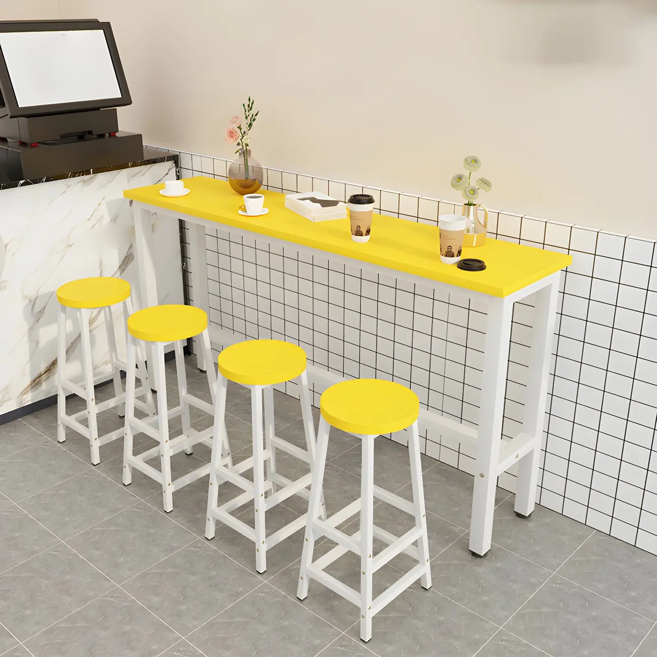 Rectangular Natural Wood Metal Trestle Bar Tables