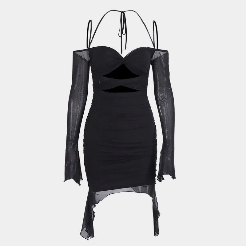Hulianfu Double Layer Flare Sleeve Mesh Dress Sexy Elegant Off The Shoulder Holiday Birthday Party Dresses Black Women Dress - Deanwangkt