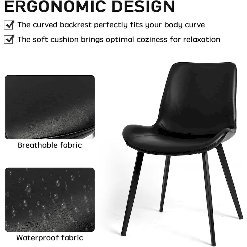 CangLong Mid Century Dining Chairs with Soft PU Leather Cushion Seat&Metal Legs,Set of 2,Black