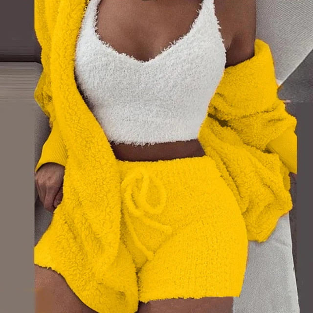 Three Piece Sexy Fluffy Outfits Plush Velvet Hooded Cardigan Coat+Shorts+Crop Top Women Tracksuit Sets Casual Sports Sweatshirt - Deanwangkt