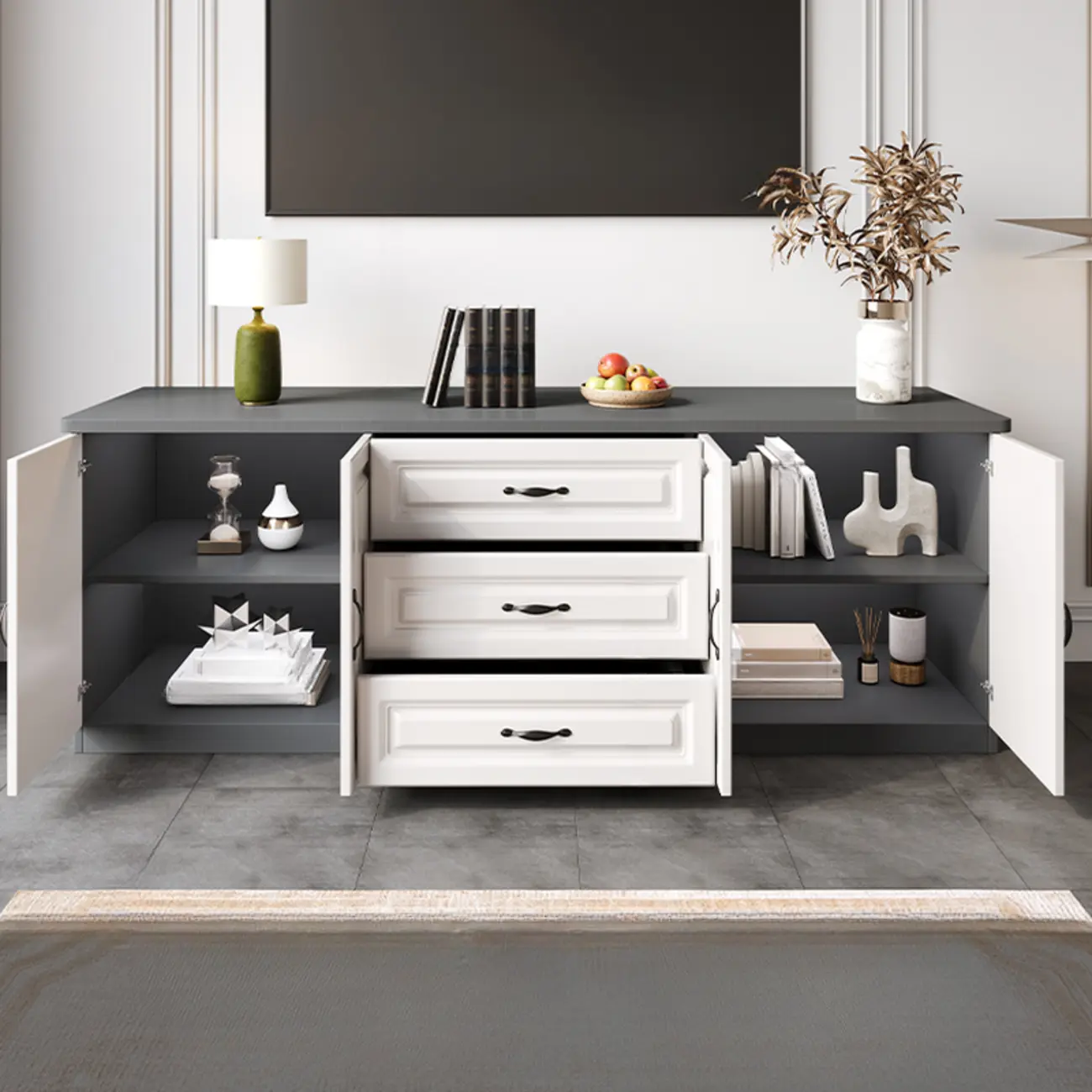 Modern Long Wood TV Stand with Cabinets