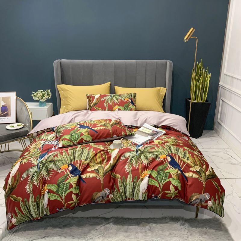 HULIANFU Tropical Leaves Flowers Duvet cover set Silky Soft 100%Egyptian Cotton Bedding set Queen King Bed sheet Quilt Cover Pillowcases - Deanwangkt