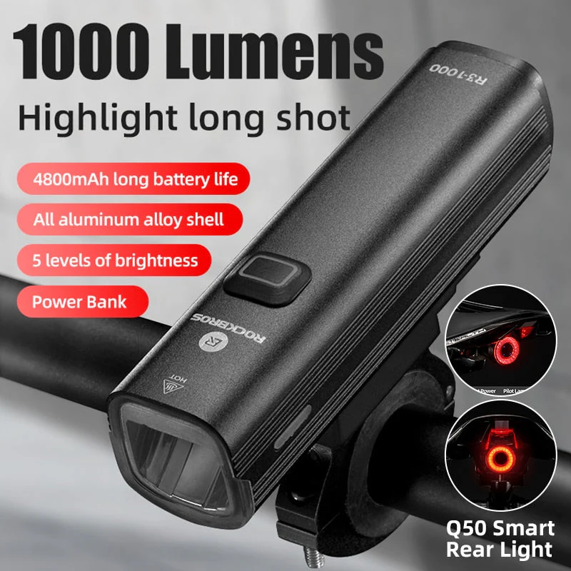 HULIANFU ROCKBROS 1000LM Bike Light Front Lamp USB Rechargeable LED 4800mAh Bicycle Light Waterproof Headlight Bike Accessories - Deanwangkt