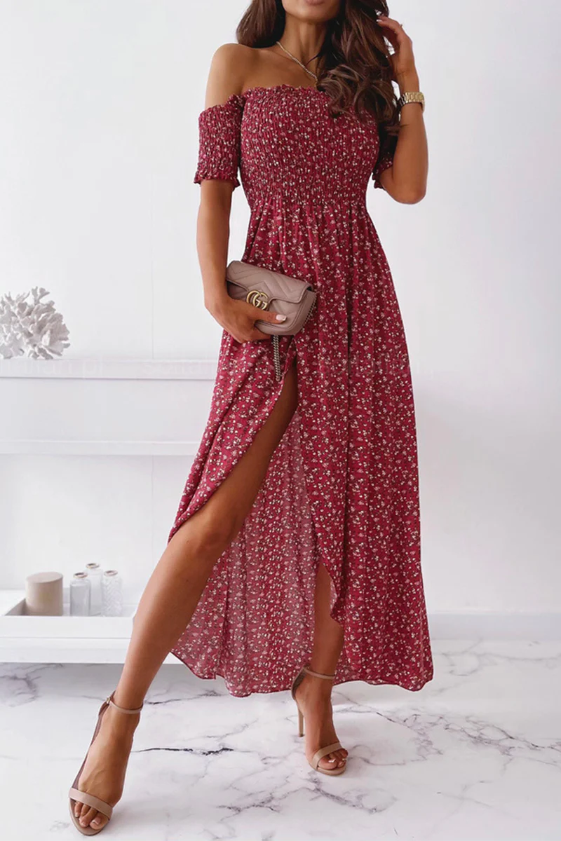 hulianfu Elegant Floral Slit Fold Off the Shoulder Waist Skirt Dresses(5 Colors) - Deanwangkt