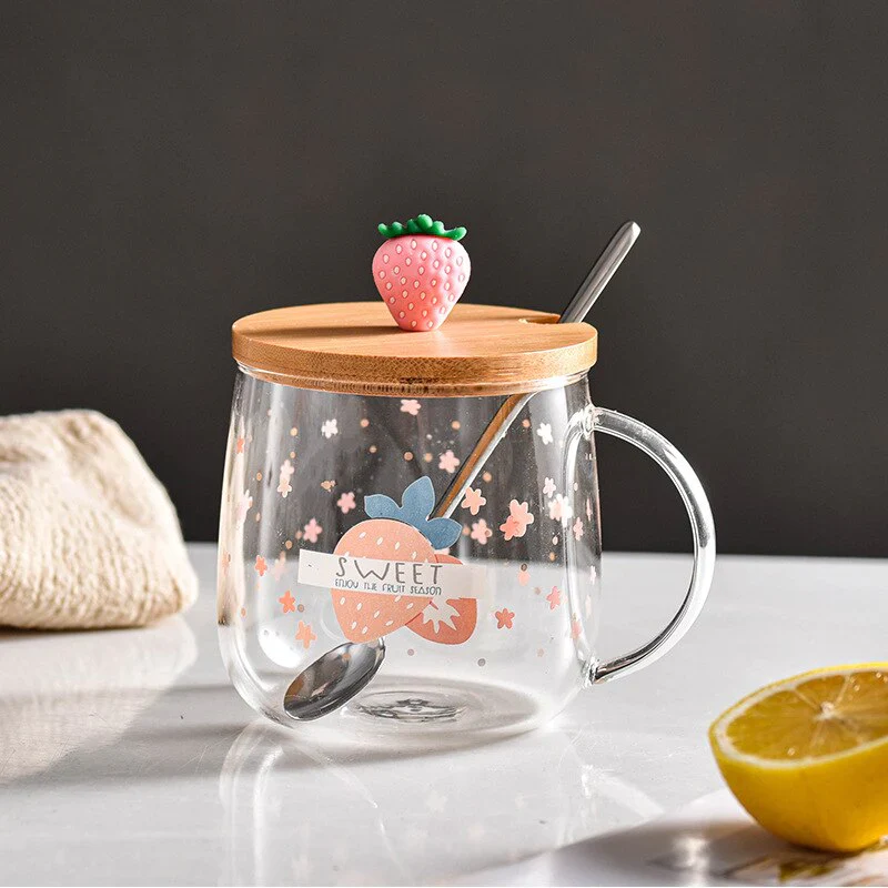 HULIANFU Novelty 3d Lid Cartoon Strawberry Cute Water Glass Transparent Milk Juice Drinkware Cup Mug Drinking Borosilicate Glasses Coffee - Deanwangkt