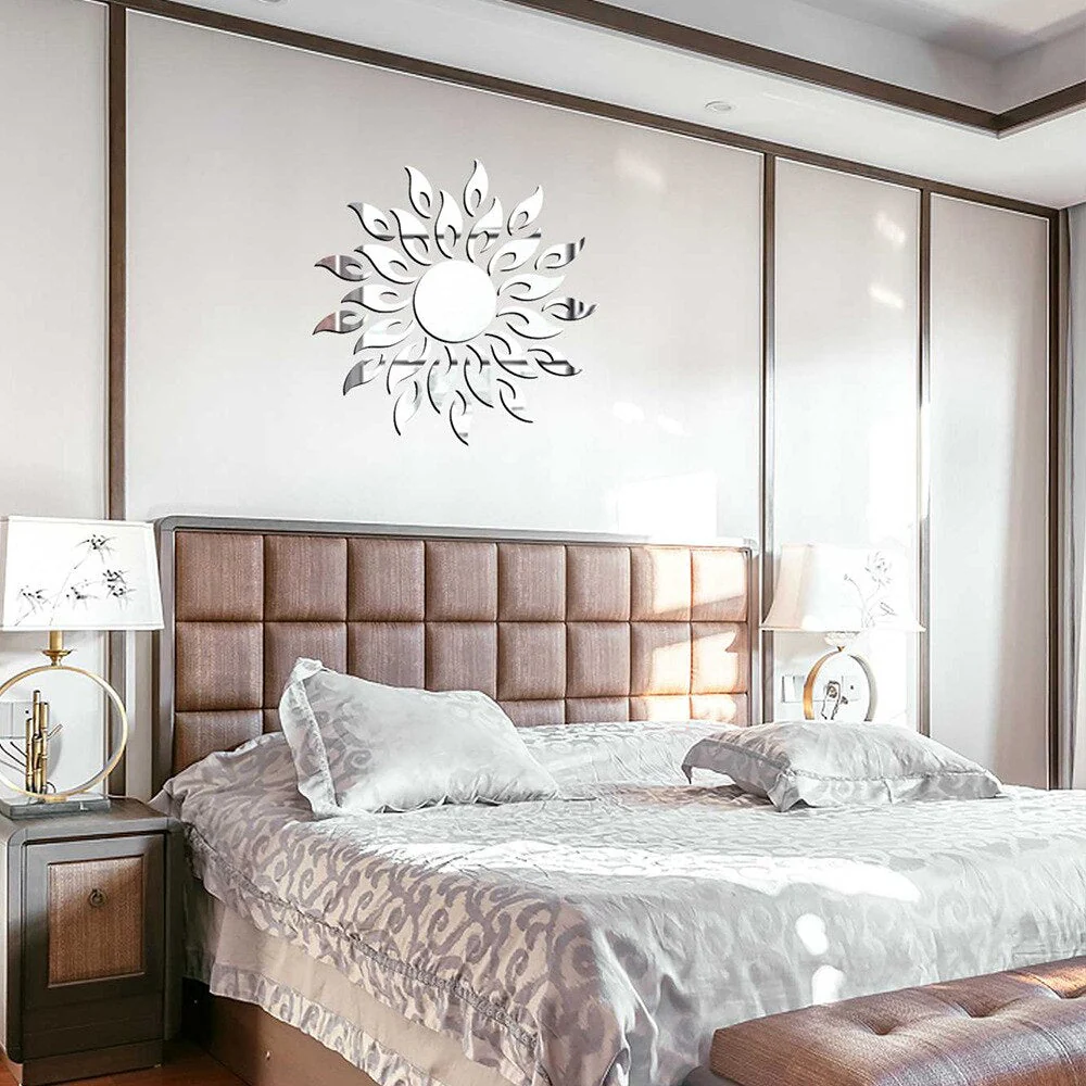 HULIANFU Sun Mirror Wall Sticker DIY Sun Flower Self Adhesive 3D Wall Decal Removable Mural Wallpaper for TV Background Art Home Decor - Deanwangkt