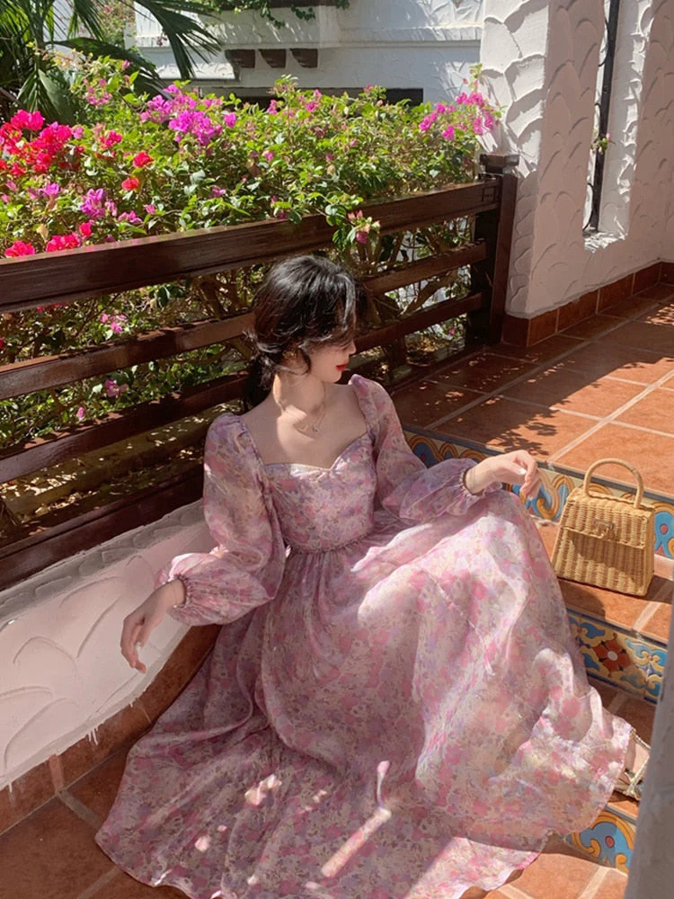 Hulianfu Vintage Long Sleeve One Piece Chiffon Dress for Women Fairy Elegnat French Floral Party Midi Dresses Evening Korean Summer - Deanwangkt