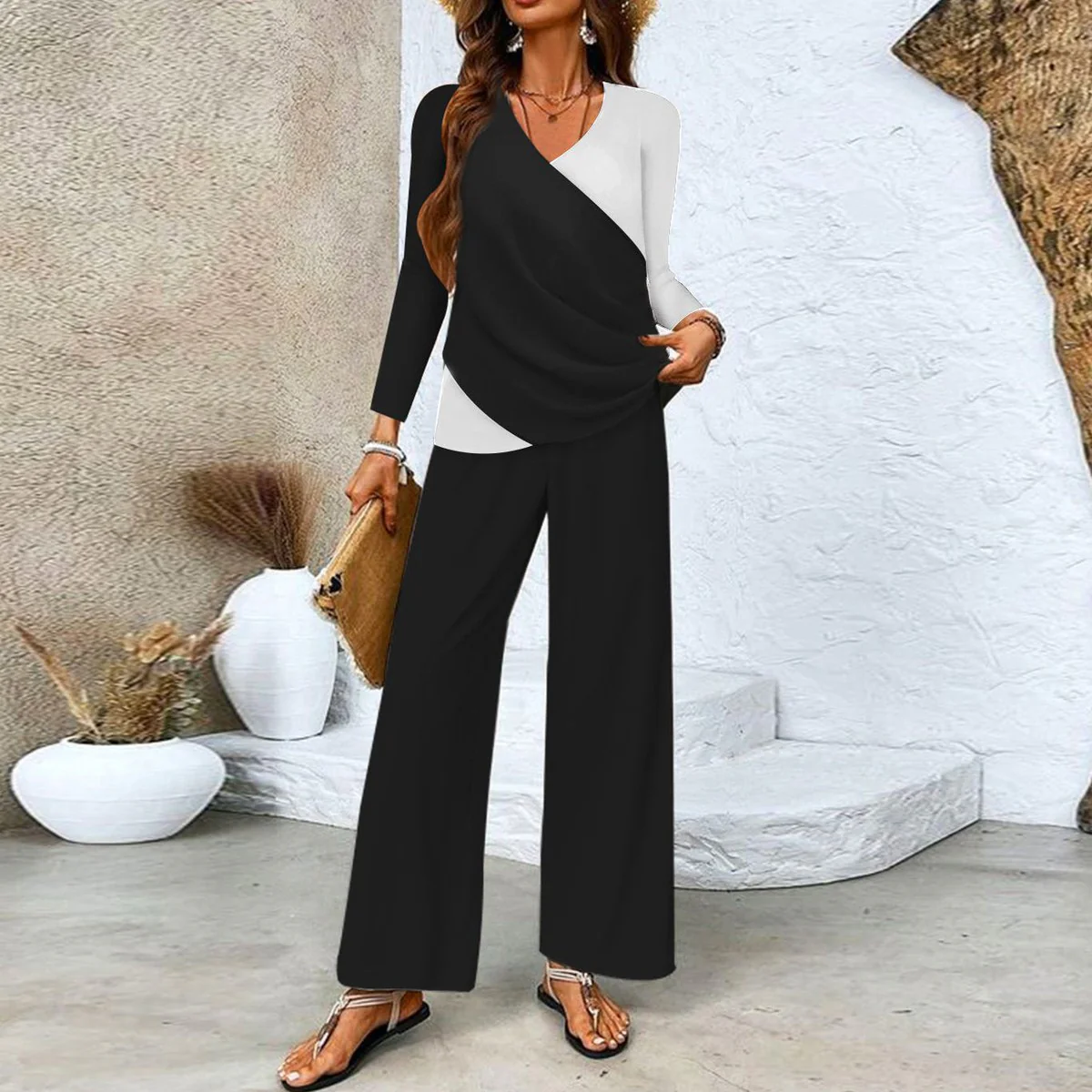 Black And White Color Block Two Piece Set