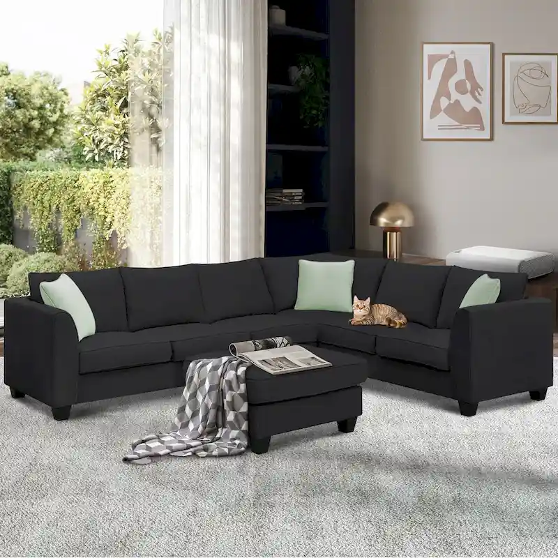 L-Shaped 7-Seats Modular Sectional Sofa with Ottoman with 3 Pillows
