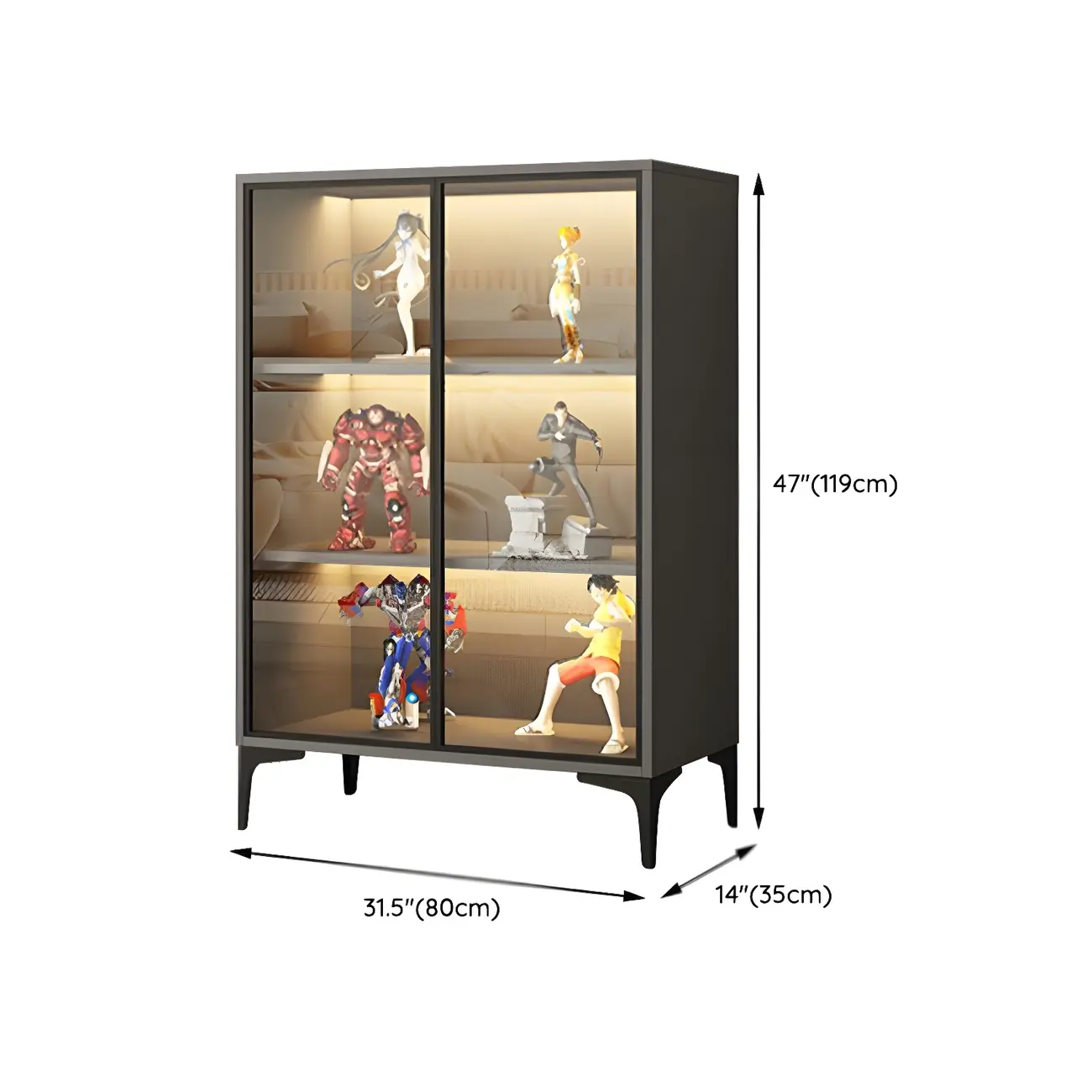 Freestanding Black Tempered Glass Wood Display Cabinet