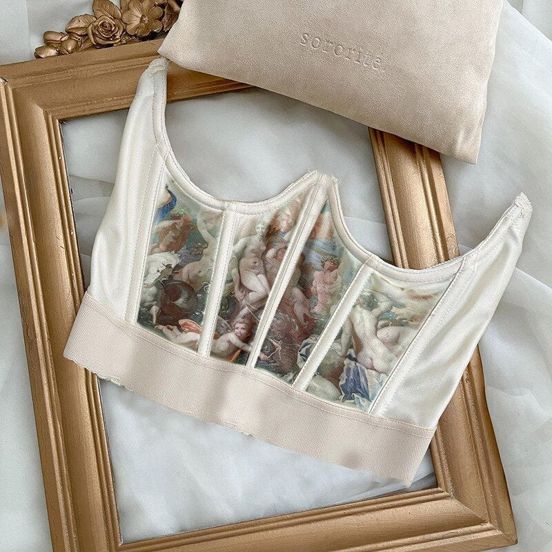 Townlike Summer  Waist Oil Painting Waist Seal Corset Slim Sexy Crop Top Women Short Bandage Corset Top With Fishbone - Deanwangkt